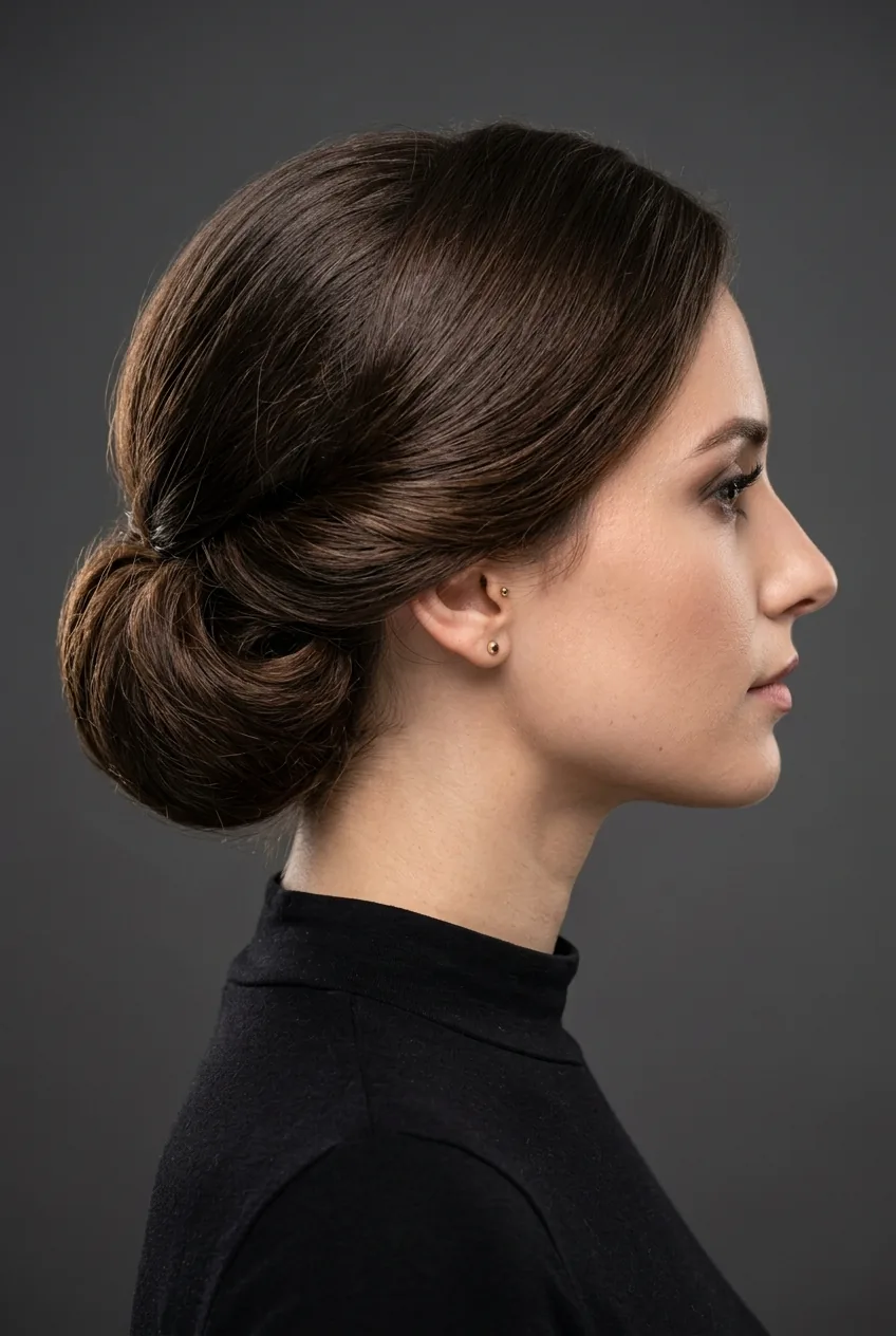 Woman with Gibson tuck hairstyle showing rolled effect and tucked ends at nape