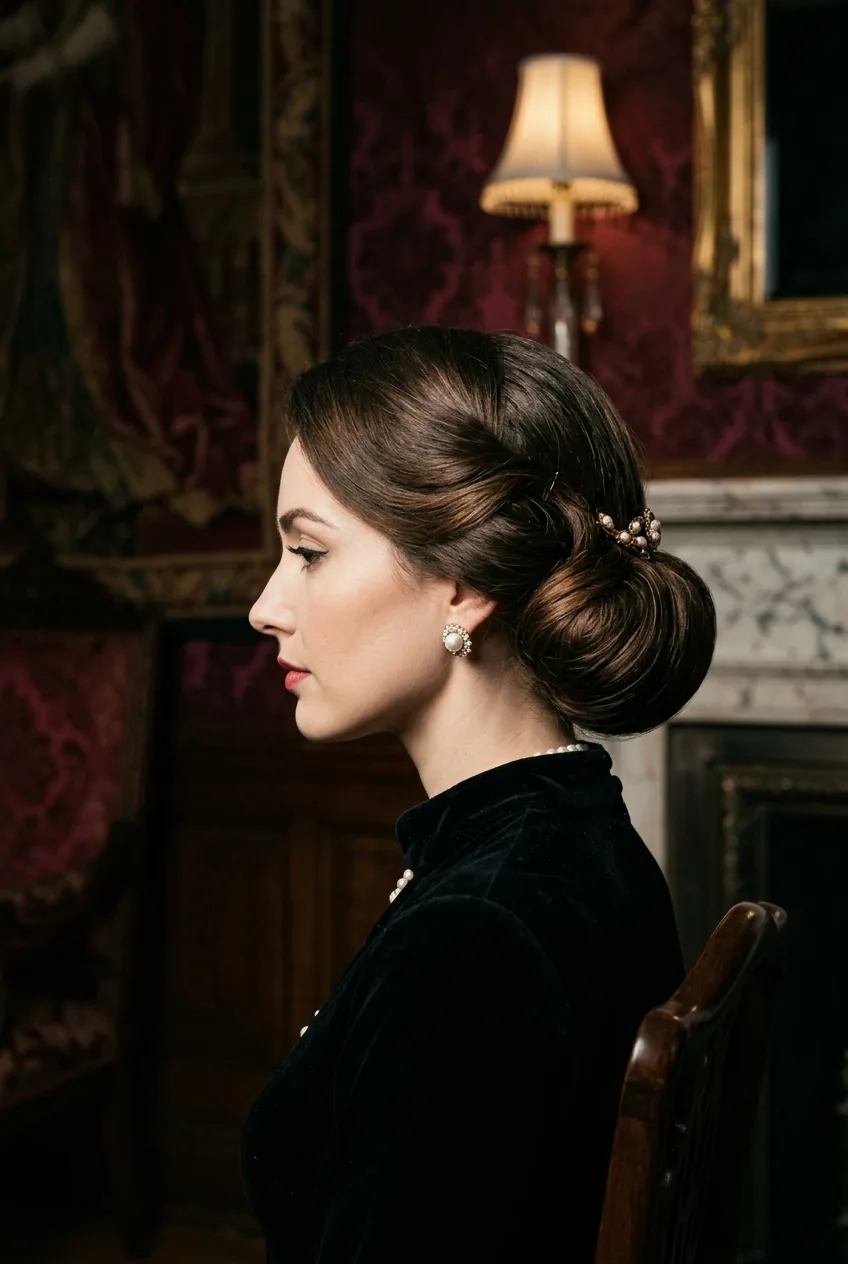 Side profile of elaborate Gibson tuck displaying vintage tucked sections