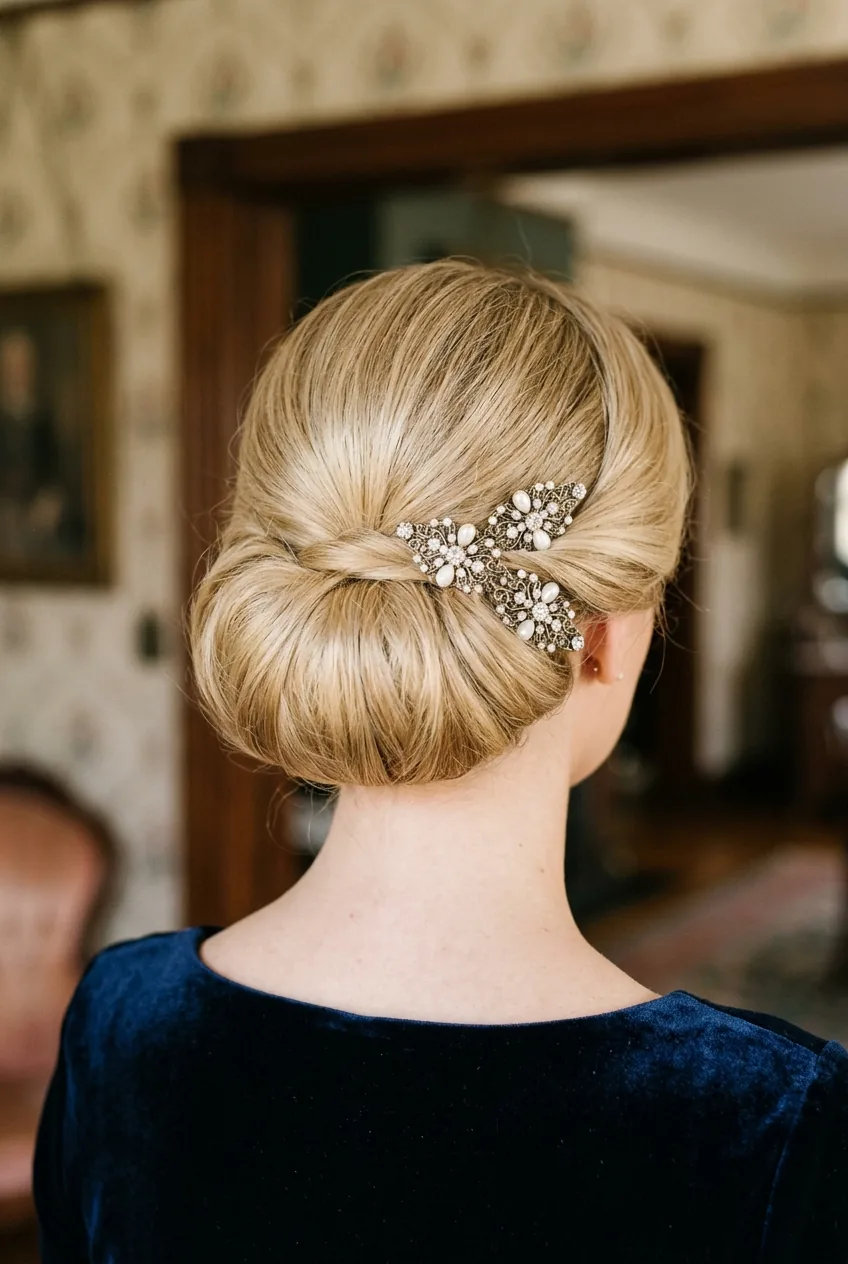 Gibson tuck hairstyle from behind showing vintage hair pin placement