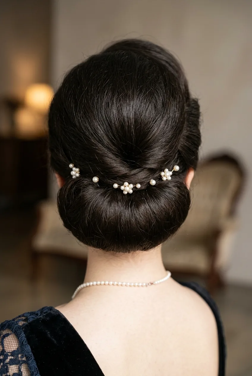 Gibson tuck updo with teased crown volume on thick dark hair tucked under at nape