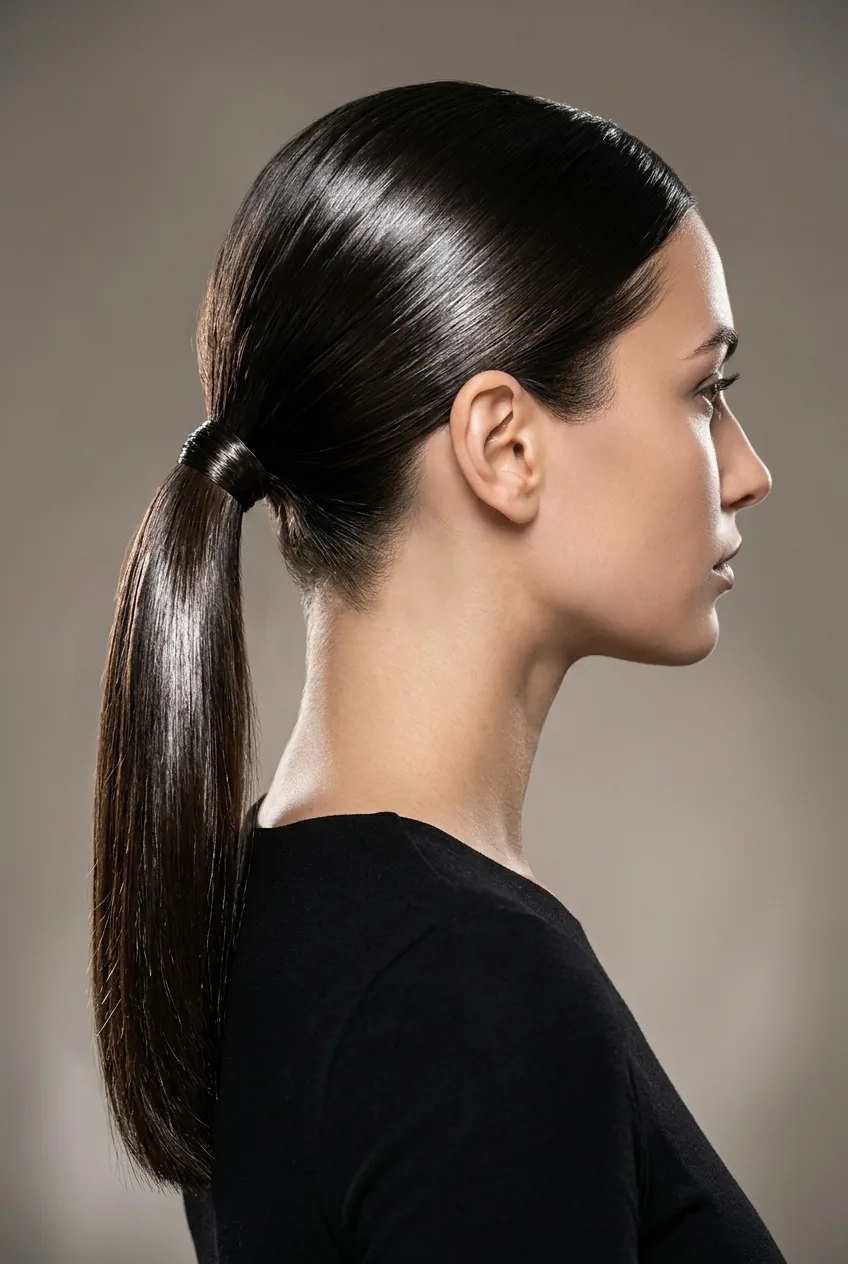 Mid-height ponytail with glass hair effect showing extreme shine and light reflection