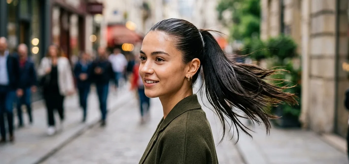 Woman with mirror-shine sleek ponytail in natural daylight showing glass hair texture