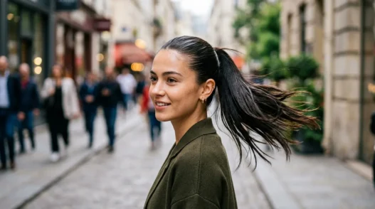 Woman with mirror-shine sleek ponytail in natural daylight showing glass hair texture