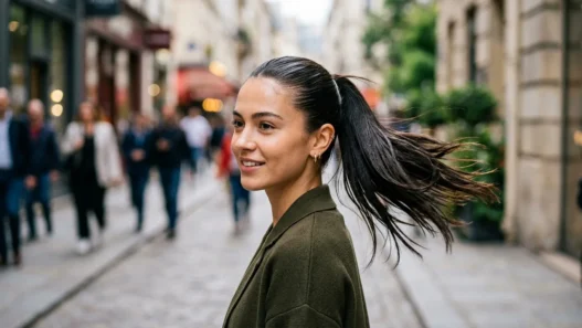 Woman with mirror-shine sleek ponytail in natural daylight showing glass hair texture