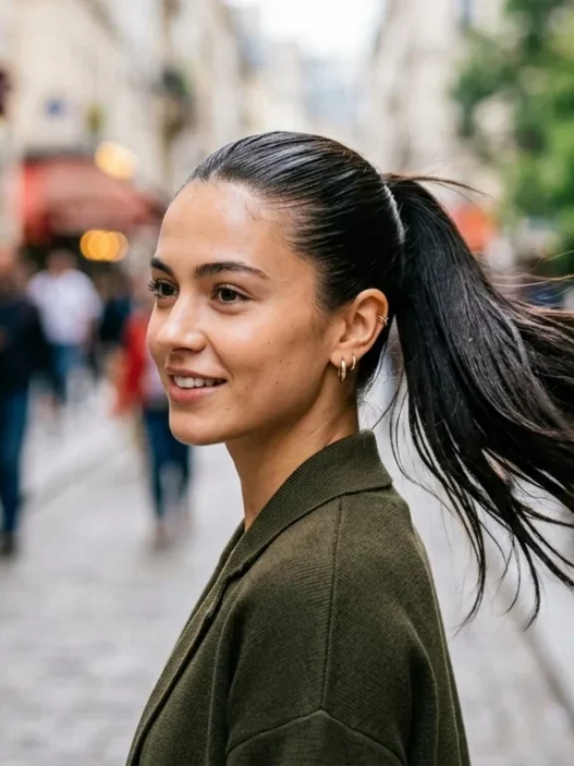 Woman with mirror-shine sleek ponytail in natural daylight showing glass hair texture