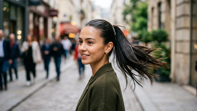 Woman with mirror-shine sleek ponytail in natural daylight showing glass hair texture