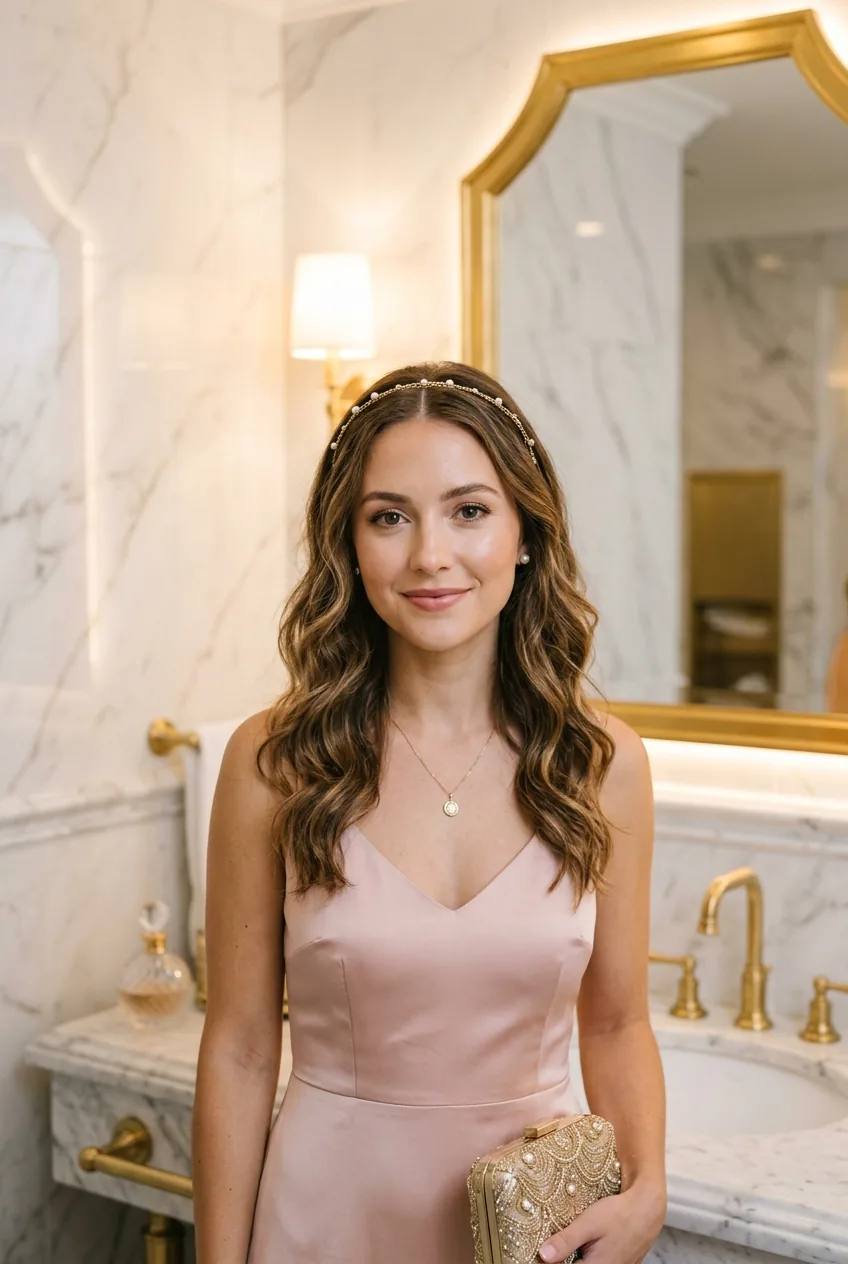 Woman wearing thin gold chain headband with pearls, hair in loose waves, frontal view in marble powder room