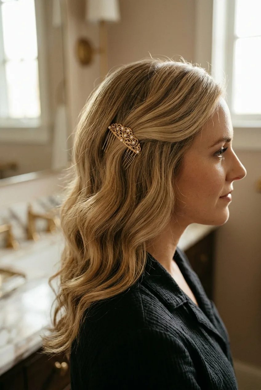 Close-up profile of woman with gold hair comb securing side-swept waves in elegant setting