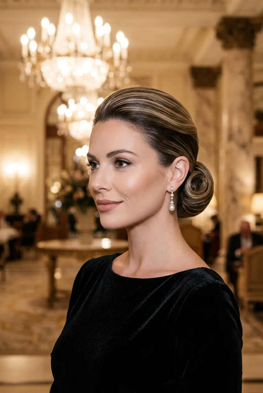 Grace Kelly inspired smoothed back hair in low sleek bun with crown volume