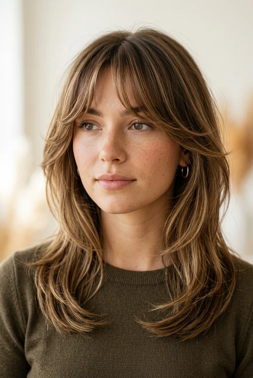 Close-up showing perfectly graduated butterfly bangs with natural movement