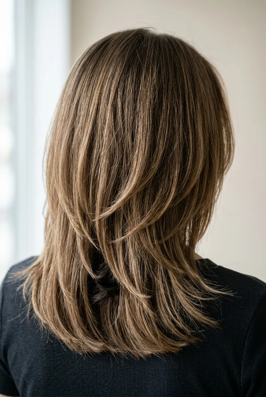 Back view detail of graduated layered haircut showing precise cutting technique and texture