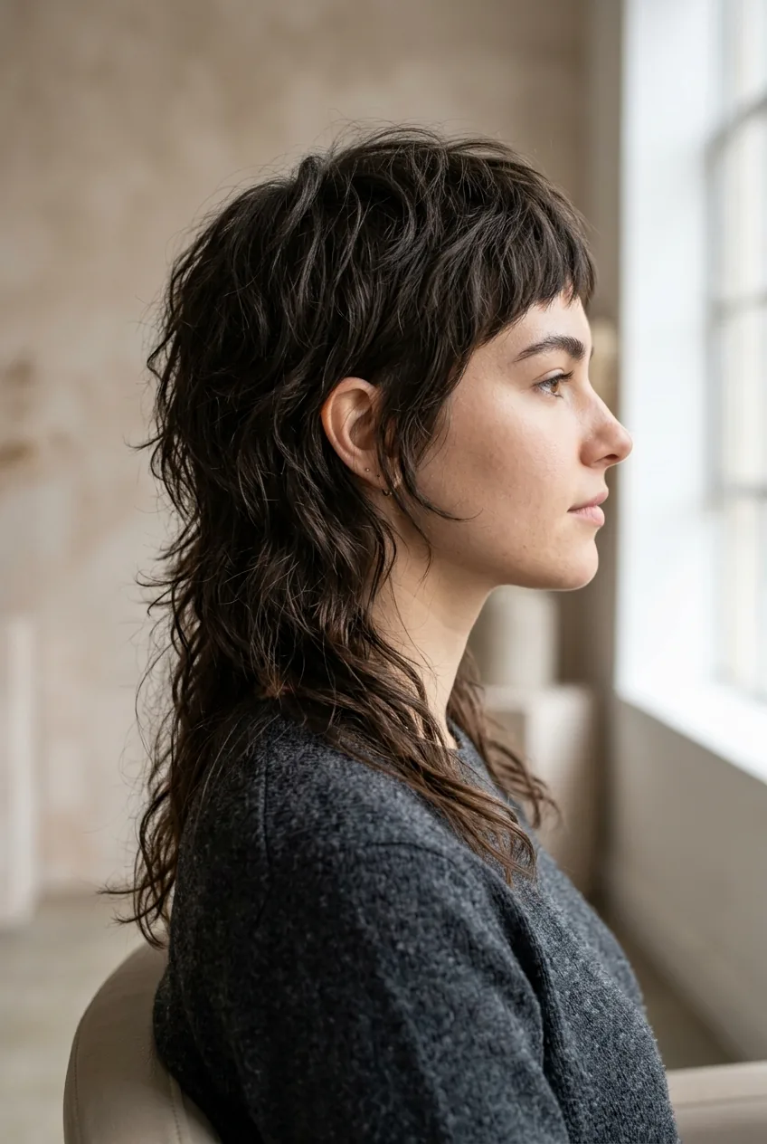 Side profile of graduated shaggy mullet cut showing transition from short to long layers