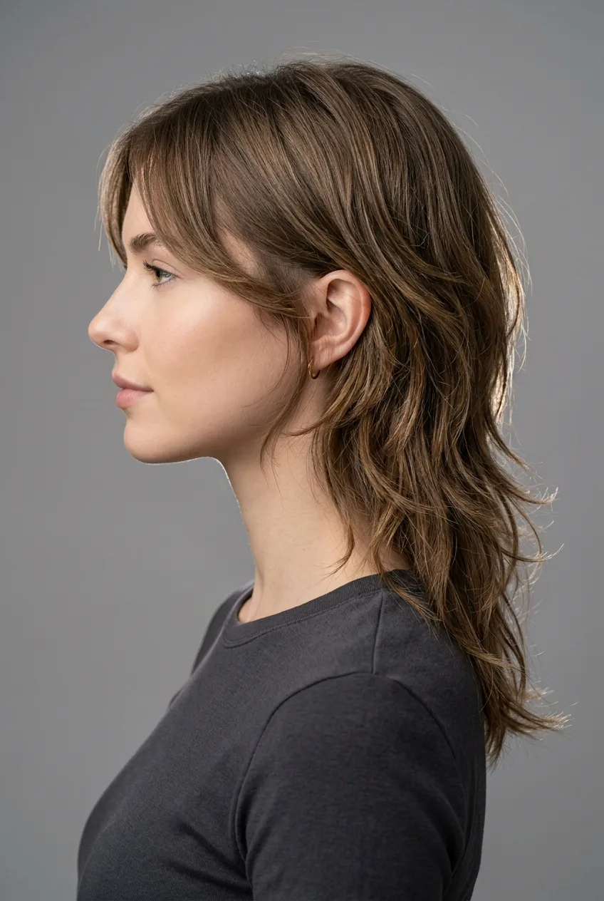 Woman with gradually layered shag haircut displaying soft textural movement