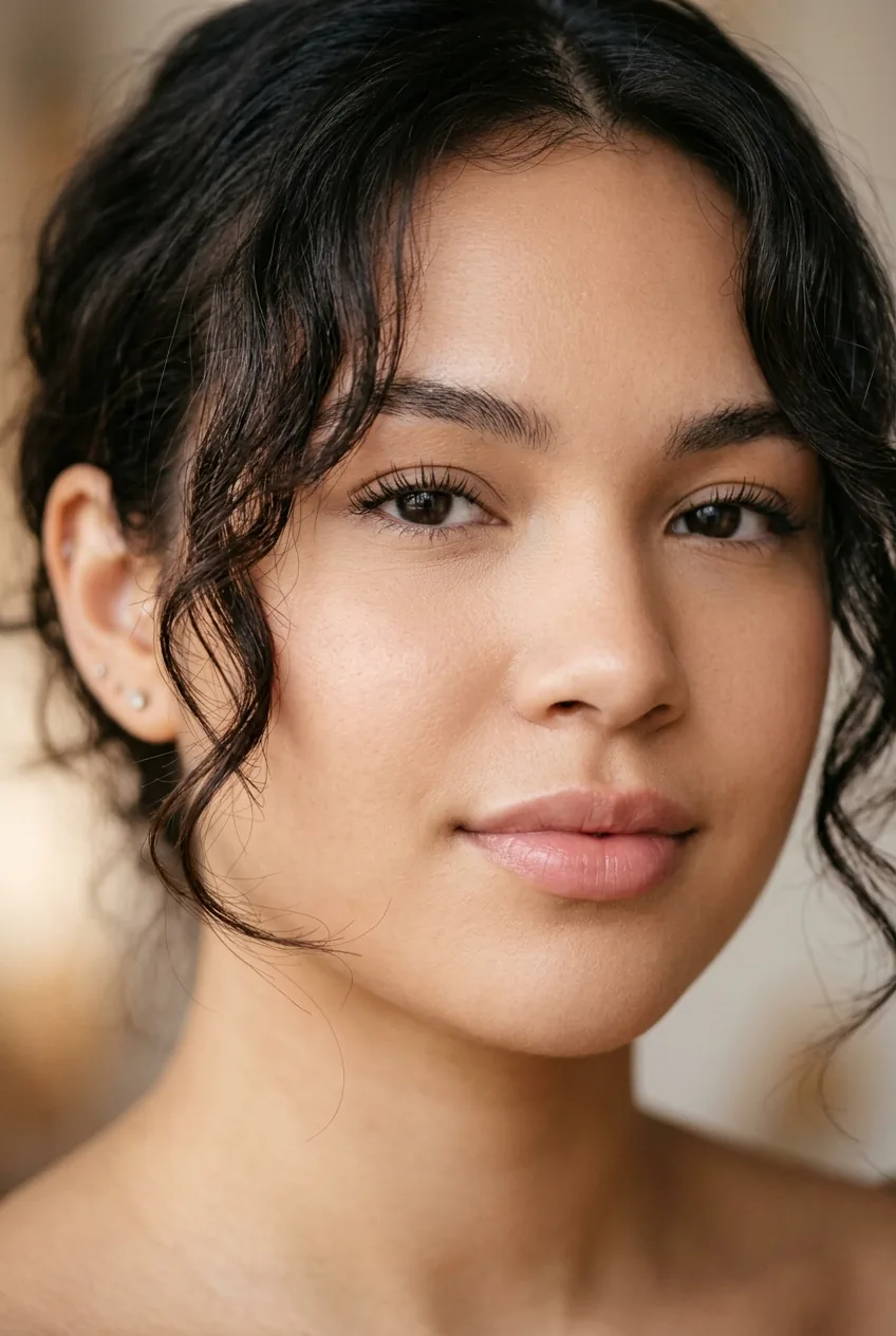 Woman with round face displaying graduated wispy face-framing layers at varying lengths around cheekbone and jawline area