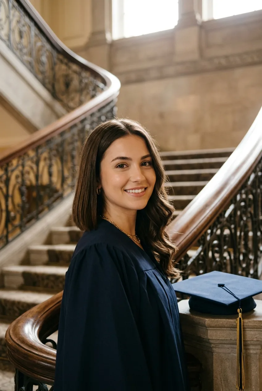 Woman with graduation cap beside her showing hair transformation before and after