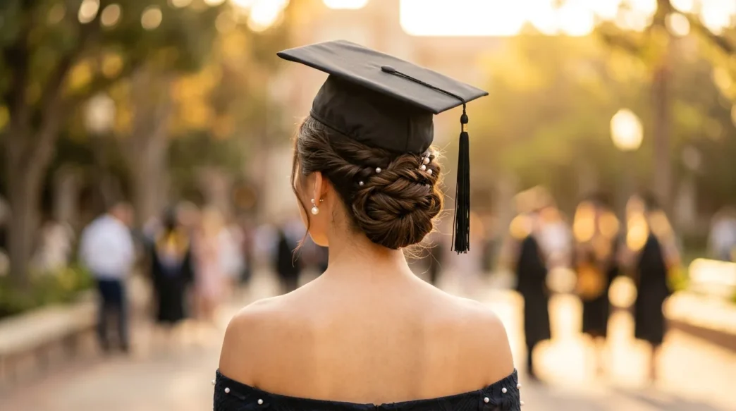 Graduate wearing elegant updo hairstyle with graduation cap positioned properly, viewed from behind
