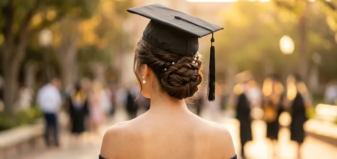 Graduate wearing elegant updo hairstyle with graduation cap positioned properly, viewed from behind
