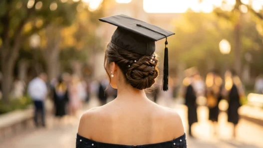 Graduate wearing elegant updo hairstyle with graduation cap positioned properly, viewed from behind