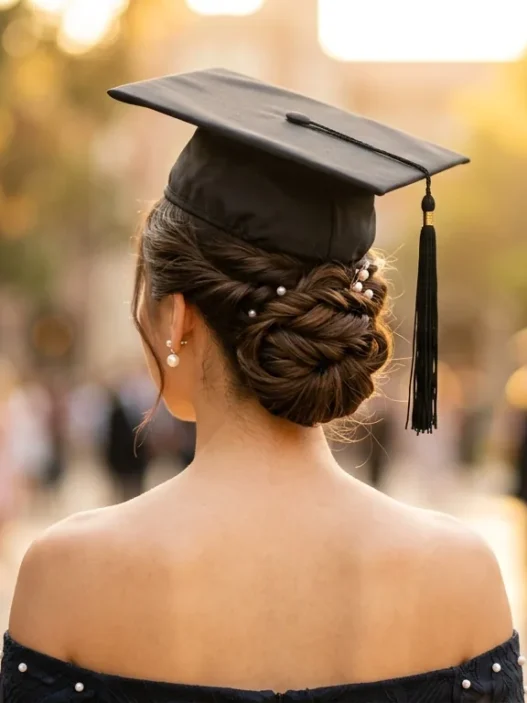 Graduate wearing elegant updo hairstyle with graduation cap positioned properly, viewed from behind