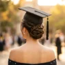 Graduate wearing elegant updo hairstyle with graduation cap positioned properly, viewed from behind