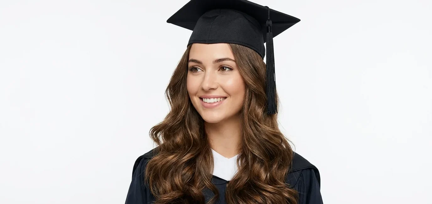 Woman with elegant graduation hairstyle wearing cap showing flowing hair styling