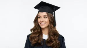 Woman with elegant graduation hairstyle wearing cap showing flowing hair styling