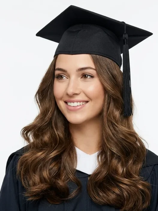 Woman with elegant graduation hairstyle wearing cap showing flowing hair styling