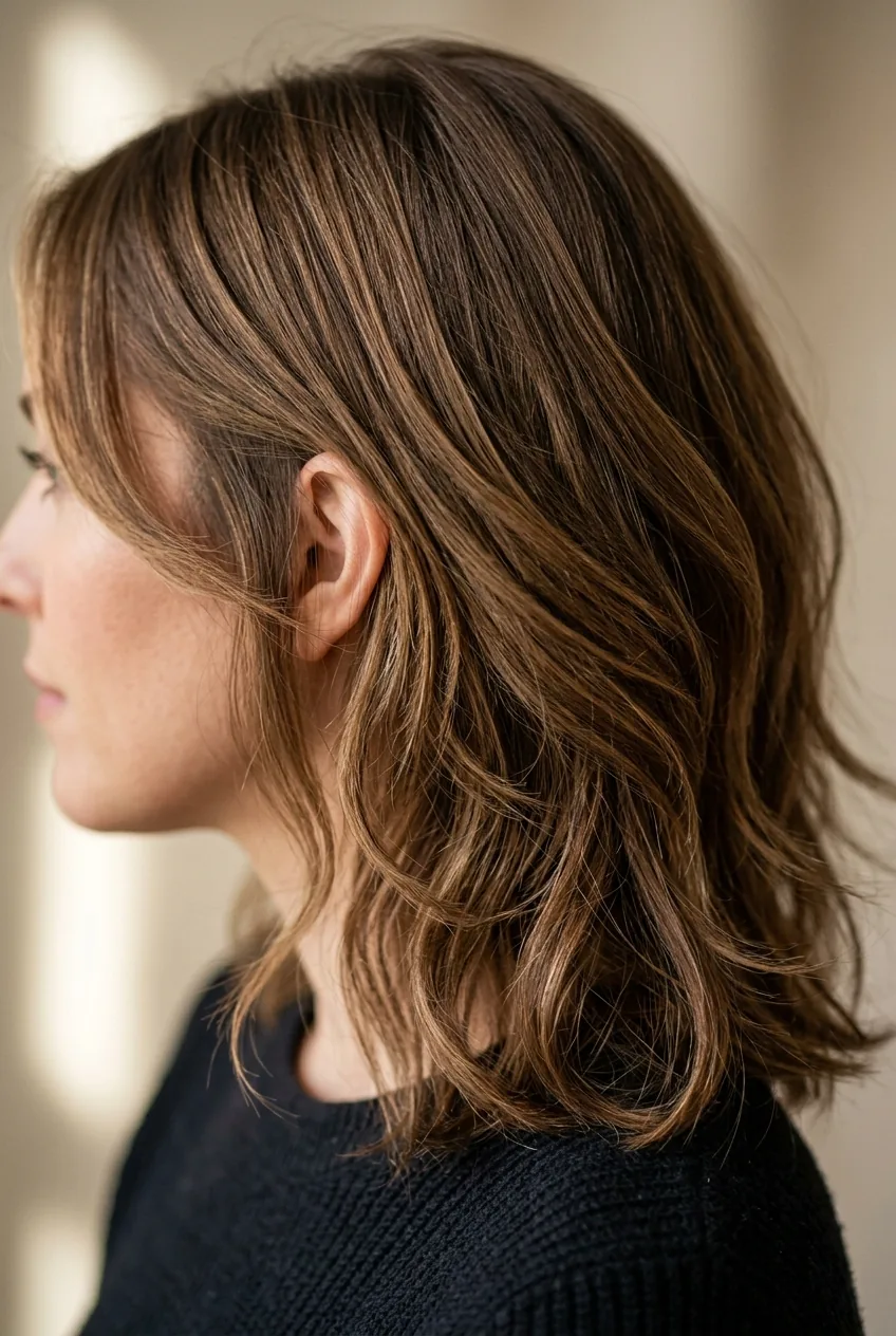 Mid-length layered hair in grow-out phase showing blended length variation and natural fall