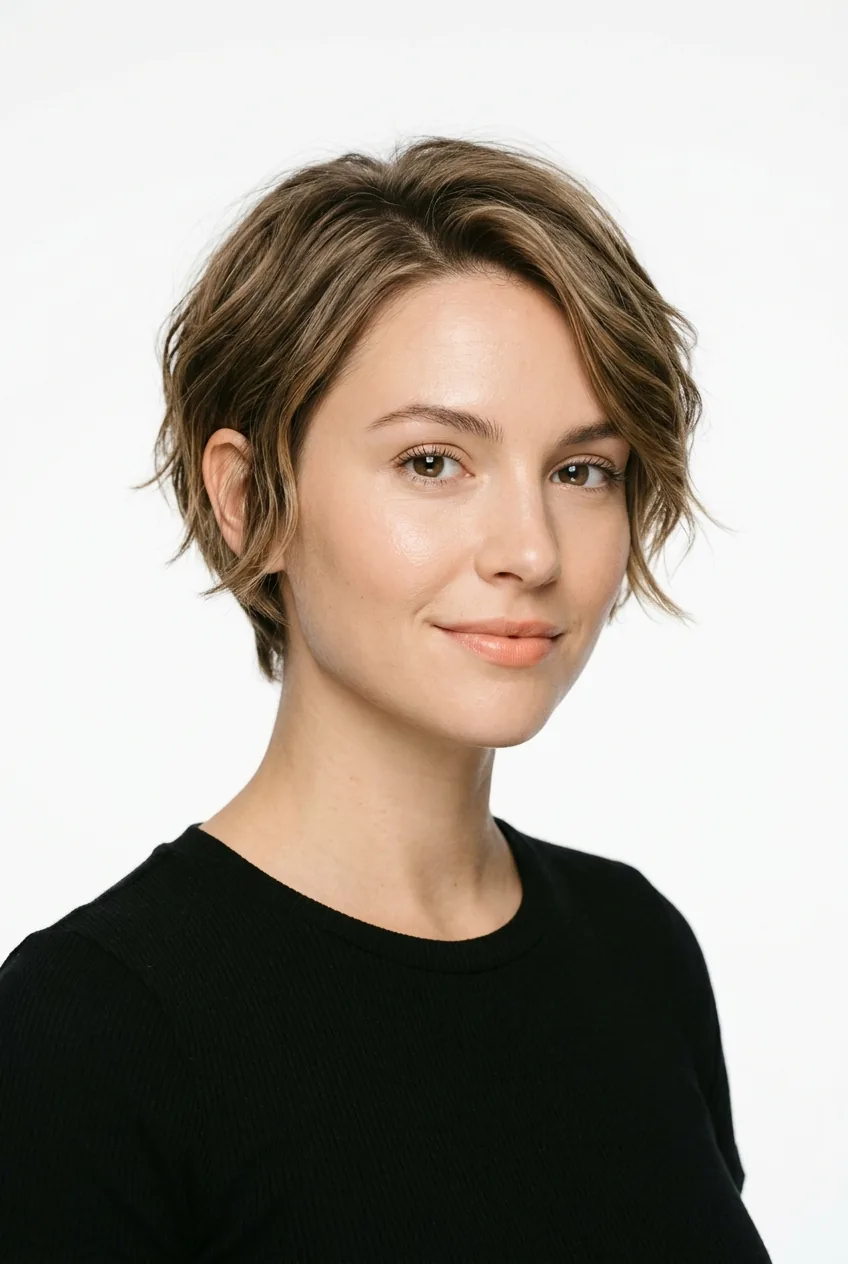 Woman with grown-out pixie cut at ear length displaying soft natural styling