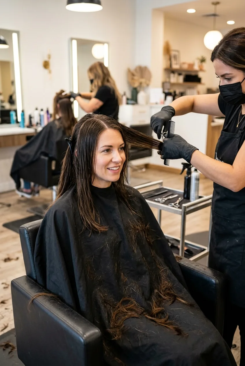 Hair transformation in progress showing woman getting long hair cut short with stylist sectioning hair