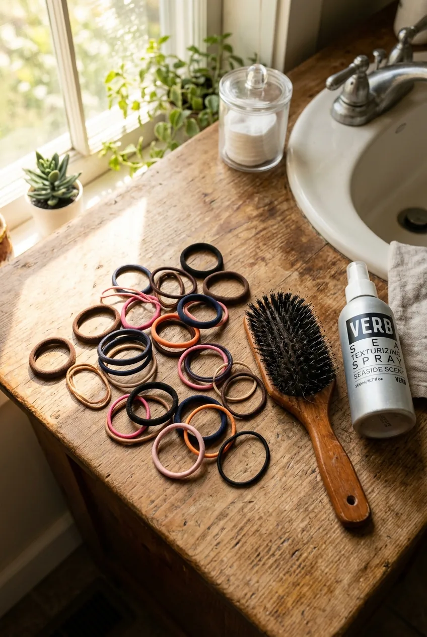 Hair elastics, brush and texturizing spray arranged on bathroom counter in morning light
