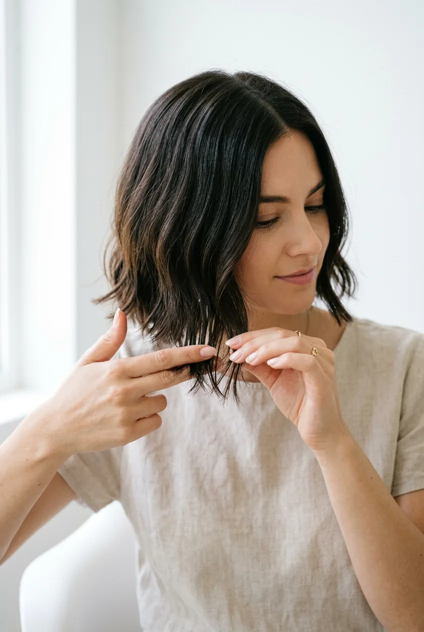 Fingers applying small amount of hair oil to the ends of styled French bob