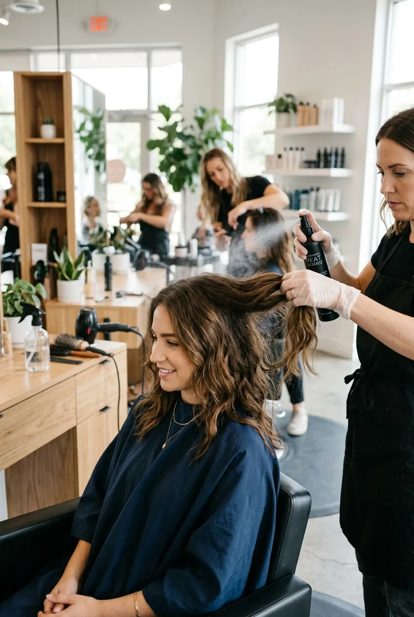 Hair stylist applying heat protectant spray to woman's mid-length hair in professional salon setting