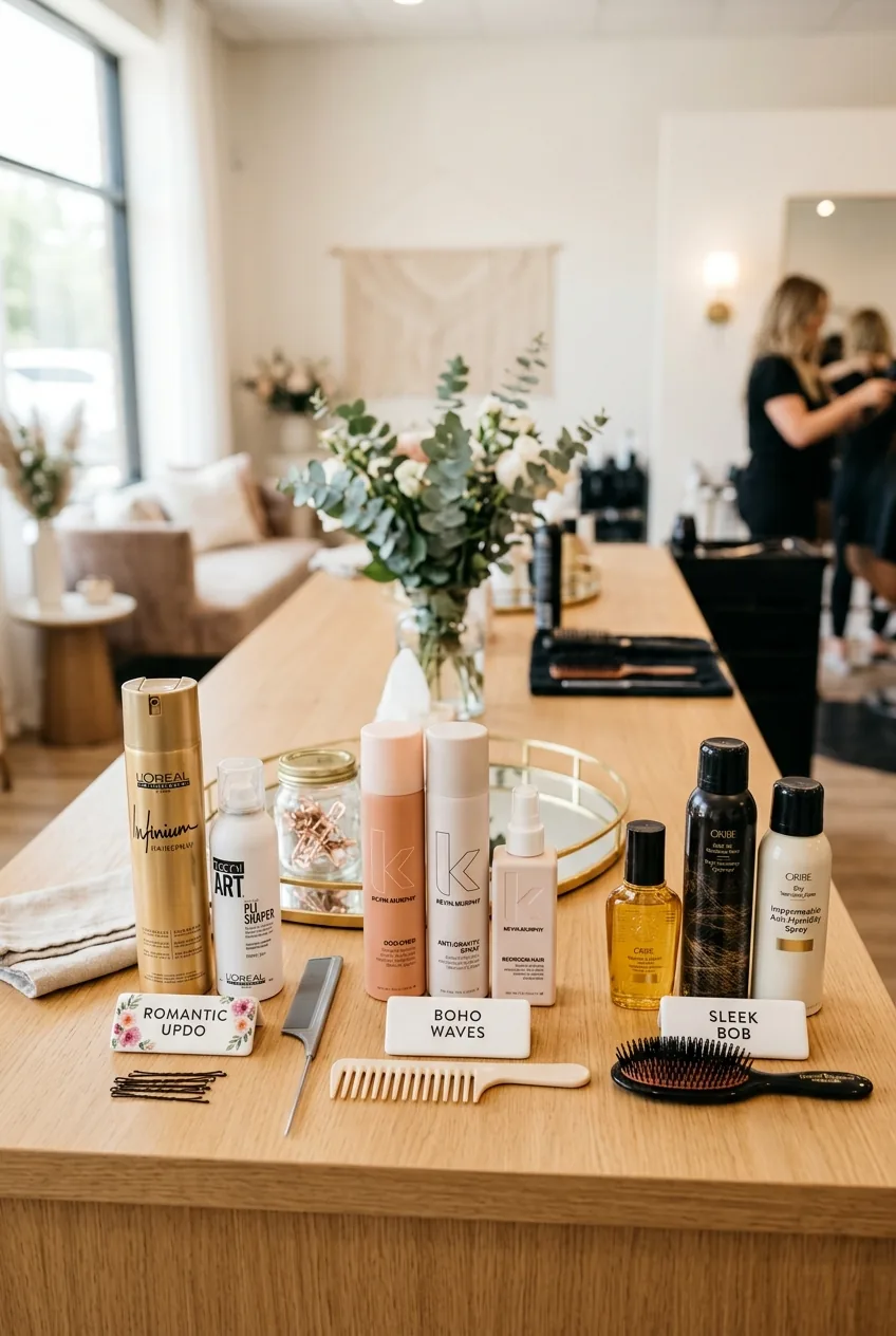 Professional hair products arranged for different bridesmaid hair types on salon counter