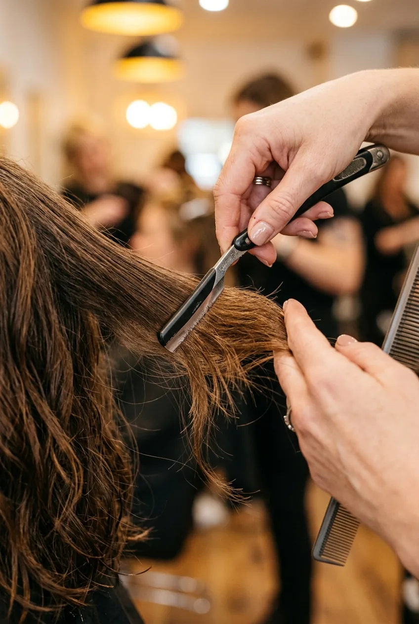 Hair razor creating feathered texture at 45-degree angle through mid-length hair