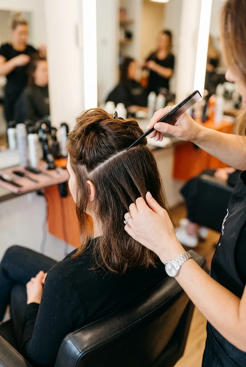 Hair sectioning process showing triangular crown area being separated with a fine-tooth comb