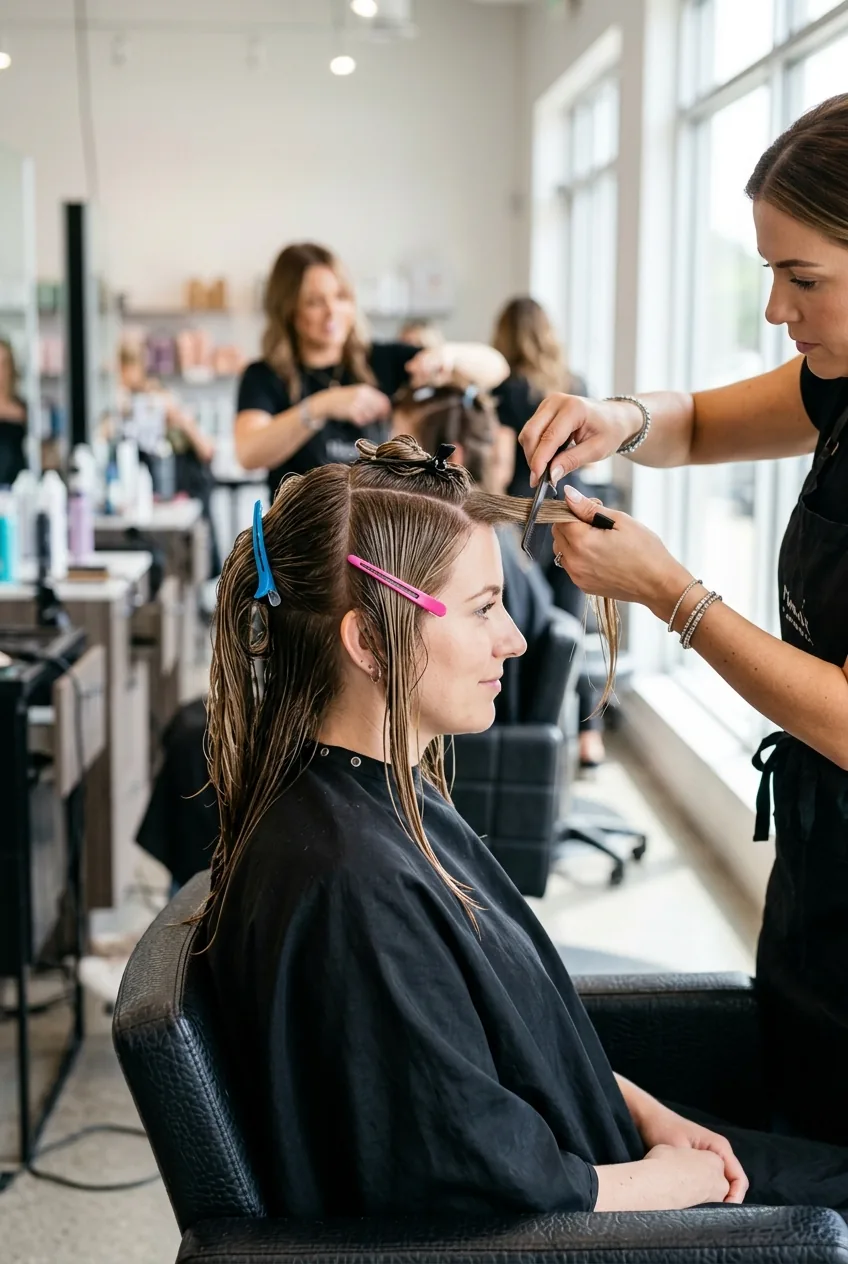 Woman with damp hair sectioned into quadrants with clips during lob haircut preparation phase