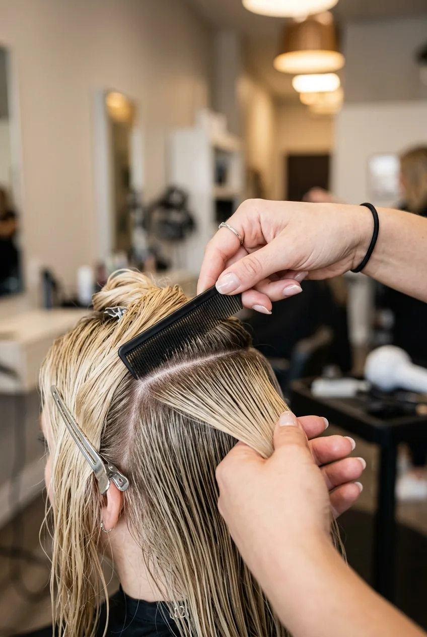 Woman's hands using rat-tail comb to create clean hair sections for braiding