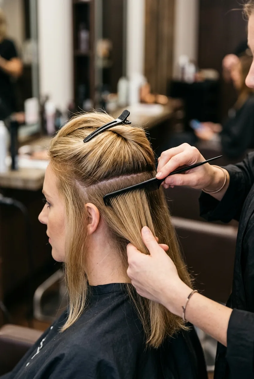 Hair being sectioned with rat-tail comb creating horizontal part from ear to ear with upper section clipped