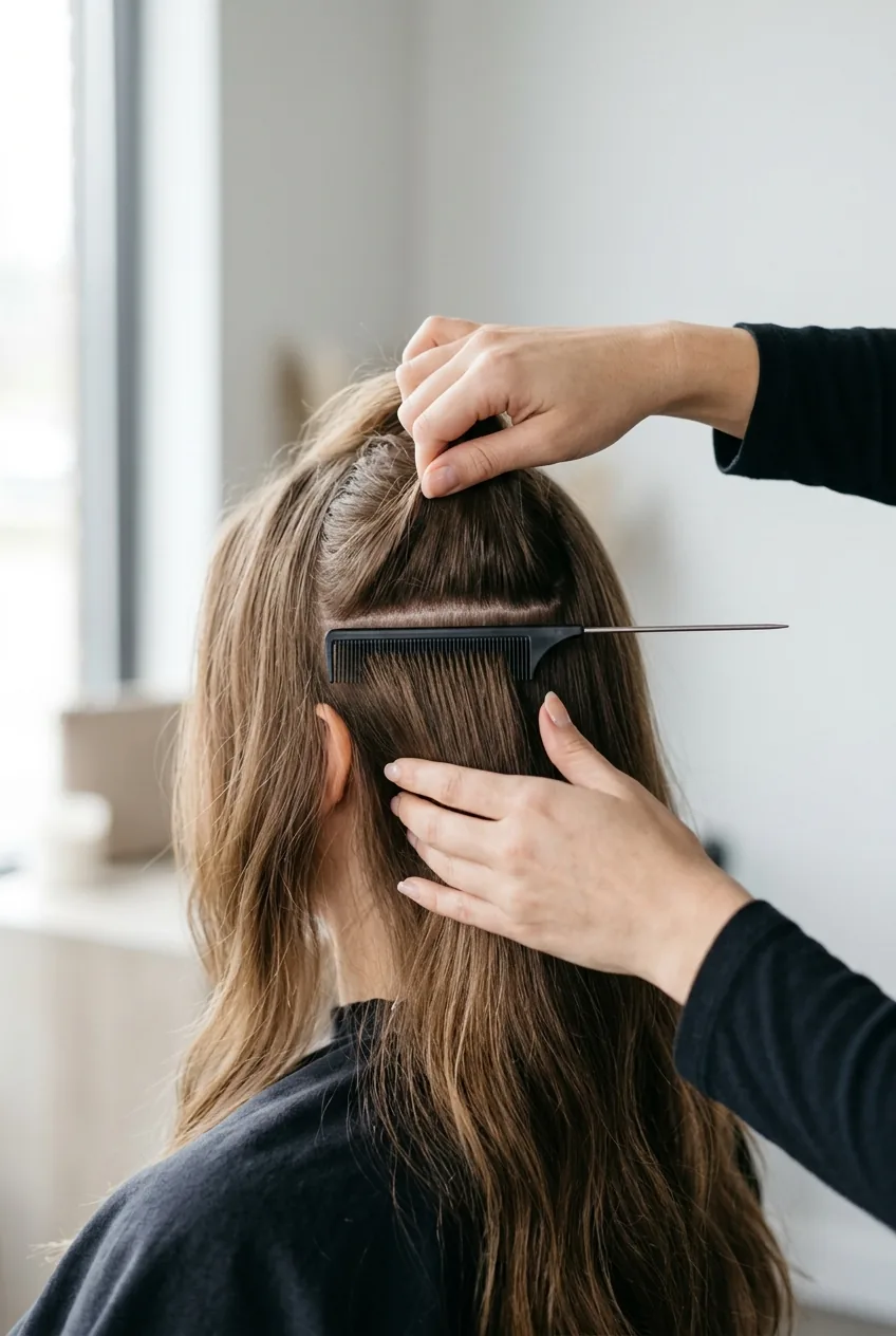 Woman's hair being sectioned with rattail comb creating horizontal part from ear to ear