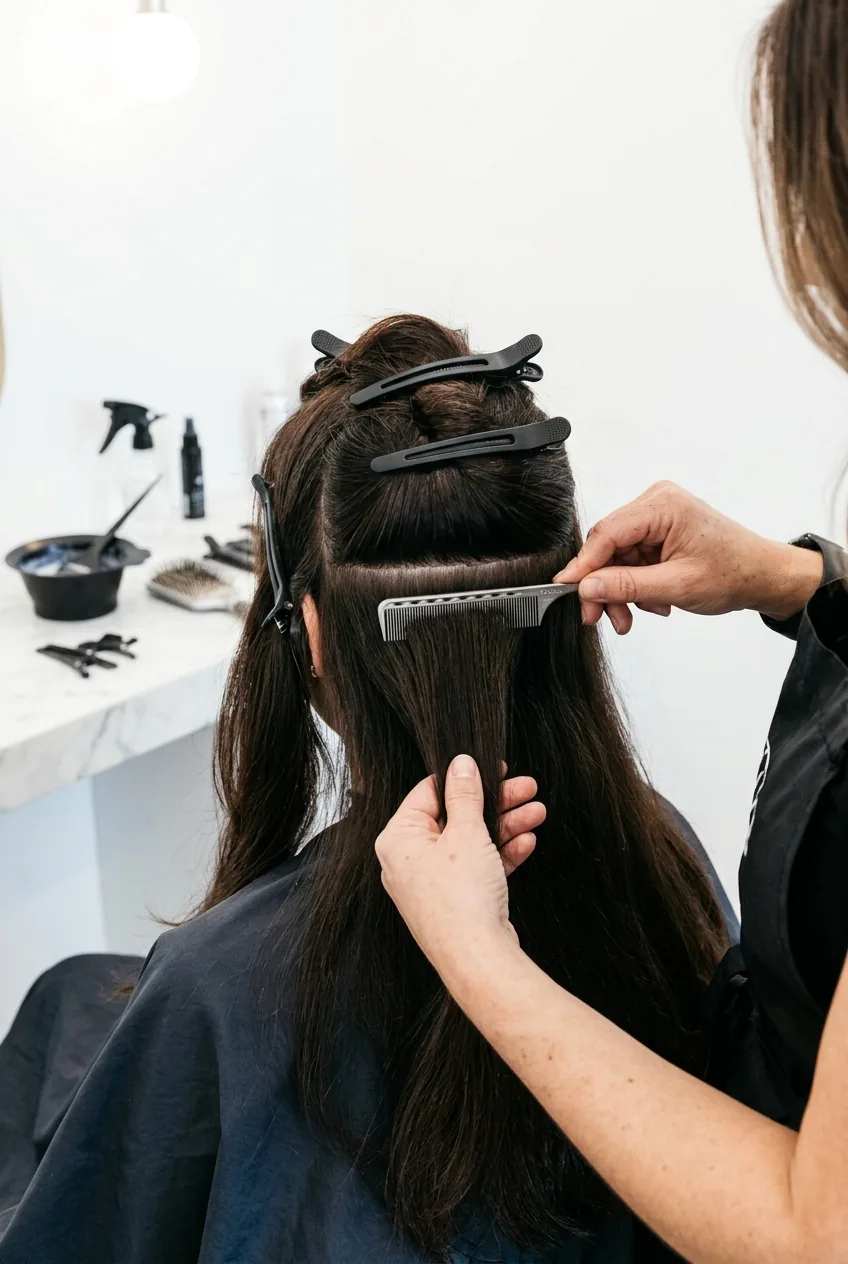 Hair sectioned with clips and fine-tooth comb showing professional balayage preparation technique