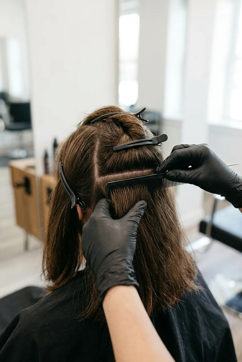 Gloved hands creating precise horizontal sections in shoulder-length brown hair with professional clips