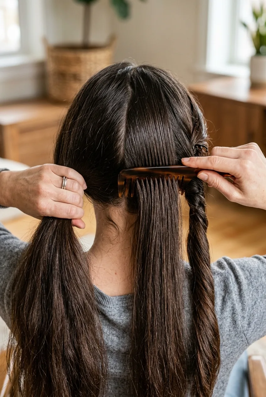Long hair sectioned into three parts with comb smoothing the center section during styling