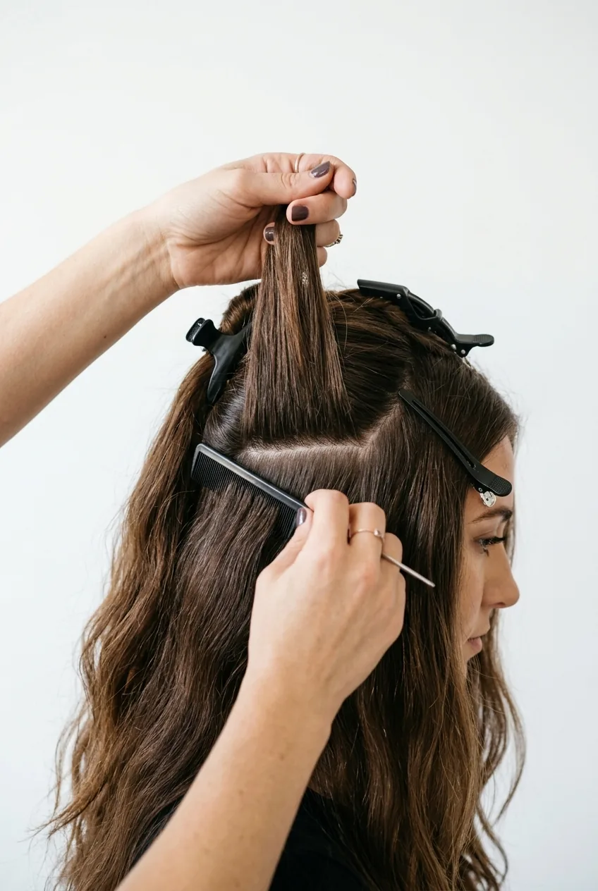 Hair sectioning process with multiple clips dividing long hair into manageable parts