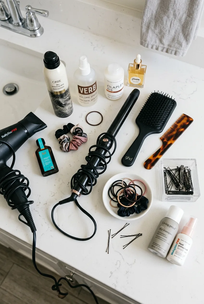 Overhead view of hair styling tools and products arranged on white bathroom counter