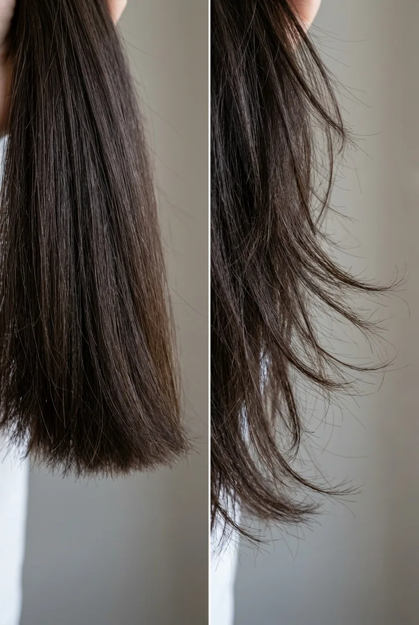 Before and after comparison showing smooth hair ends versus texturized feathery ends in macro detail
