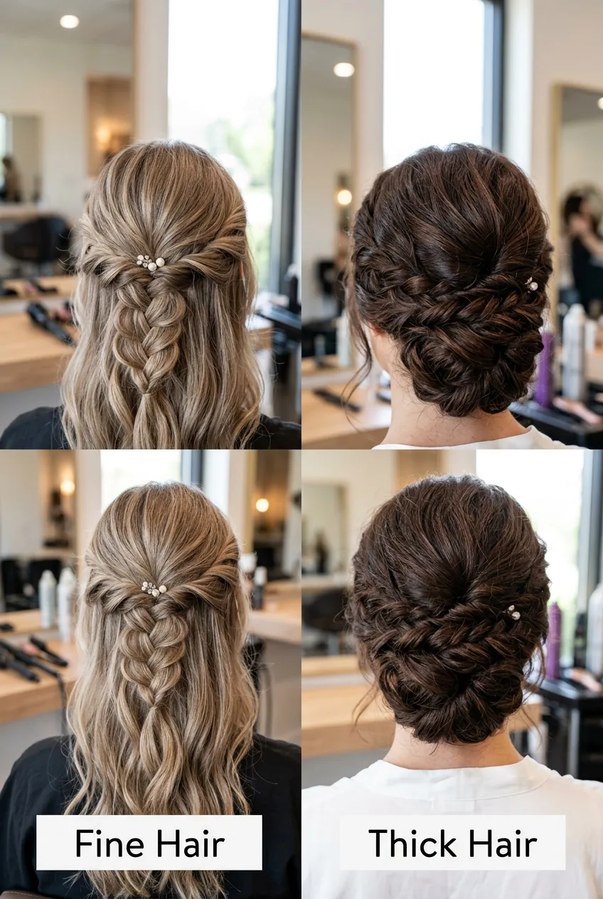 Close-up showing fine hair versus thick hair texture in different bridesmaid cuts