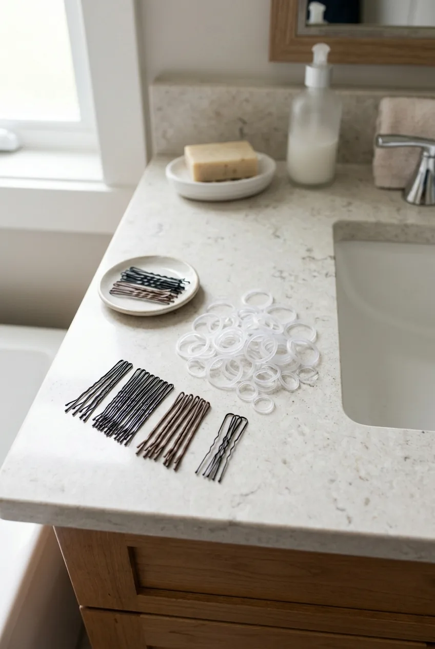 Clear elastic hair ties and bobby pins arranged on counter showing essential updo styling tools