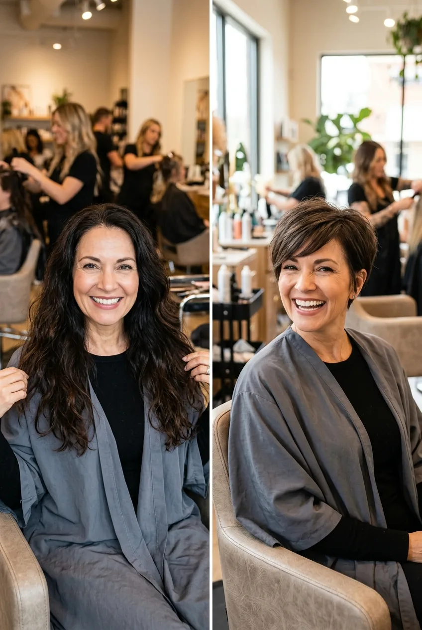 Dramatic hair transformation from long to short showing confidence boost in mature woman