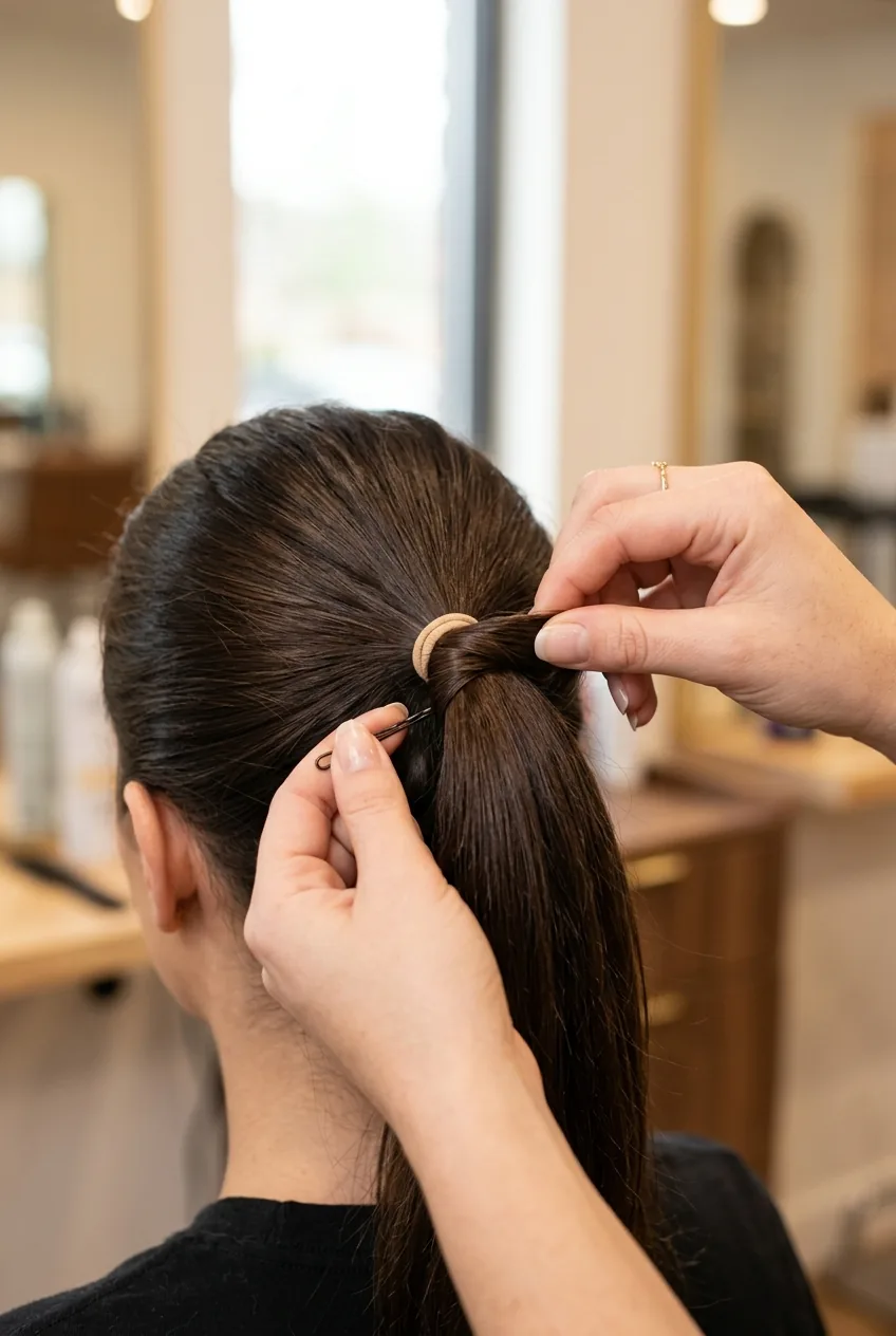 Hands wrapping hair section around elastic and securing with bobby pin underneath